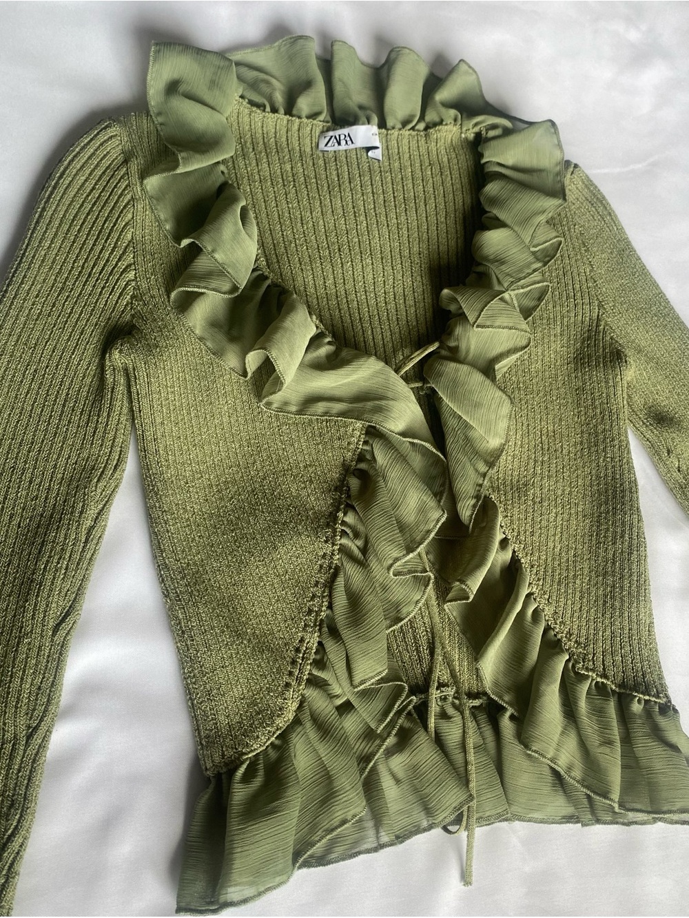 Zara Olive Green Ruffle Tie Front Cardigan Bell Sleeve Fairycore Top S - Picture 4 of 7